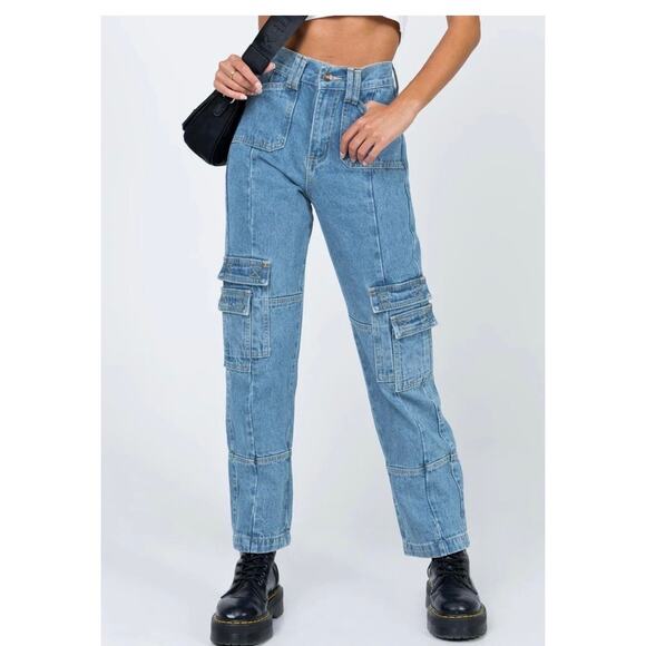 Lioness Stacey Cargo Jeans Size S High Rise Utility Denim Y2K Grunge Streetwear - Picture 2 of 8